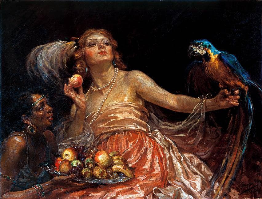 Dama Con Papagayo by José Garnelo — hand-painted portrait oil painting reproduction on canvas