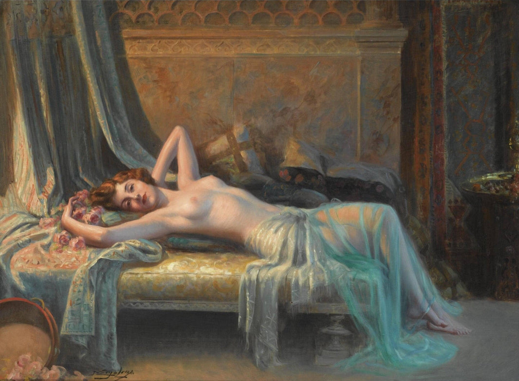 Reclining nude with a bouquet of roses by Delphin Enjolras — hand-painted nude oil painting reproduction on canvas