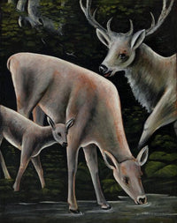 Deer family at waterhole by Niko Pirosmani — hand-painted animal oil painting reproduction on canvas