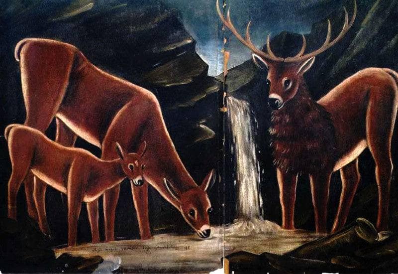 Deer with their fawns by Niko Pirosmani — hand-painted animal oil painting reproduction on canvas