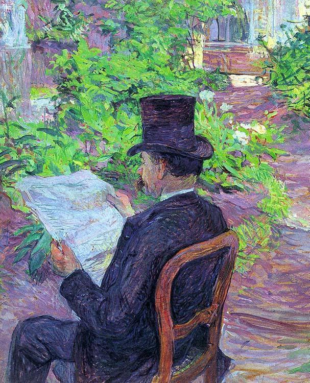 Desire Dehau Reading a Newspaper in the Garden by Henri de Toulouse-Lautrec — hand-painted botanical oil painting reproduction on canvas