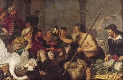 Diogenes searches for a man in living room