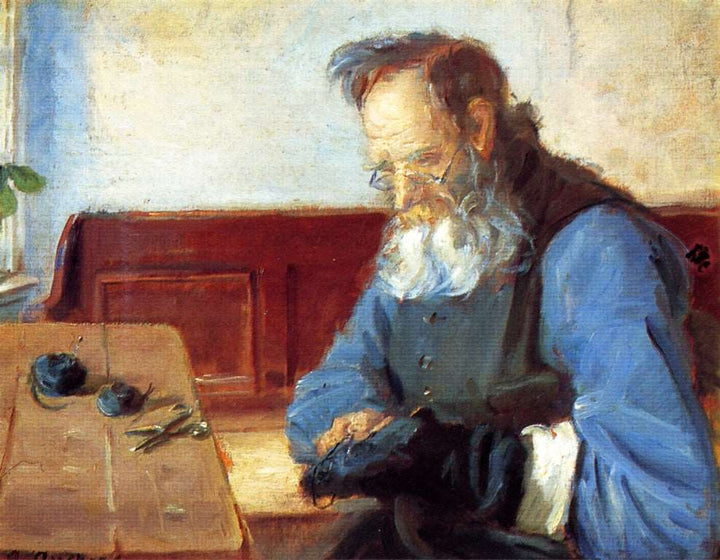 A Man Mending Socks by Anna Ancher — hand-painted portrait oil painting reproduction on canvas