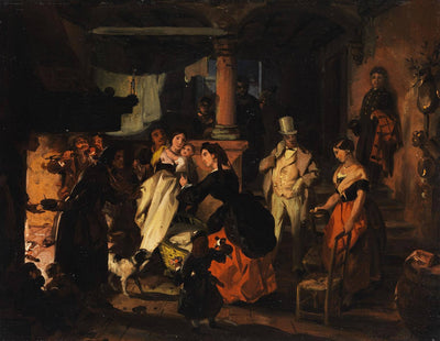 Distinguished visit to a working-class family with a young child by Angelo Inganni — oil painting reproduction