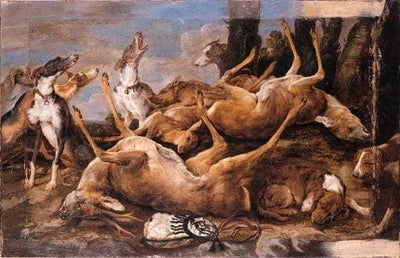 Dogs with dead game at the foot of a tree in a landscape by Paul de Vos — oil painting reproduction