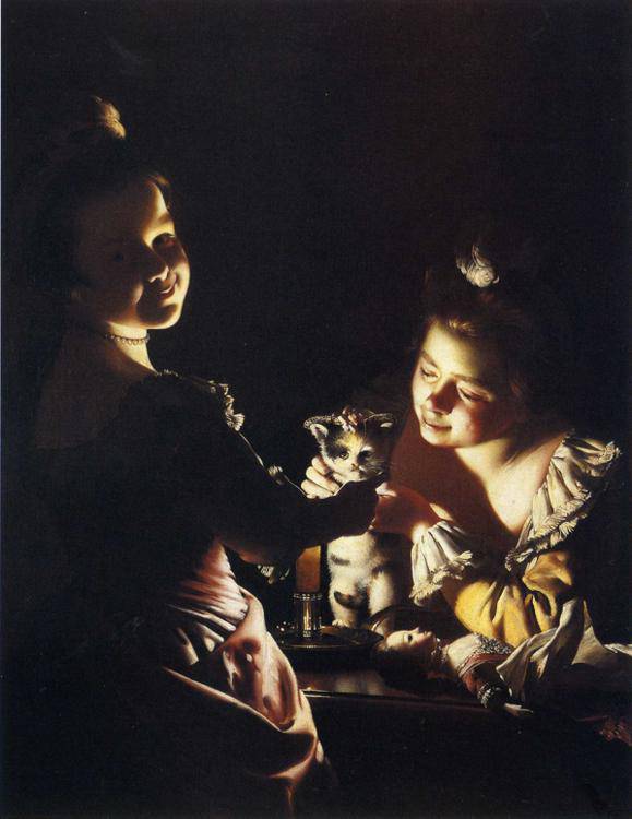 Dressing the Kitten by Joseph Wright — hand-painted portrait oil painting reproduction on canvas