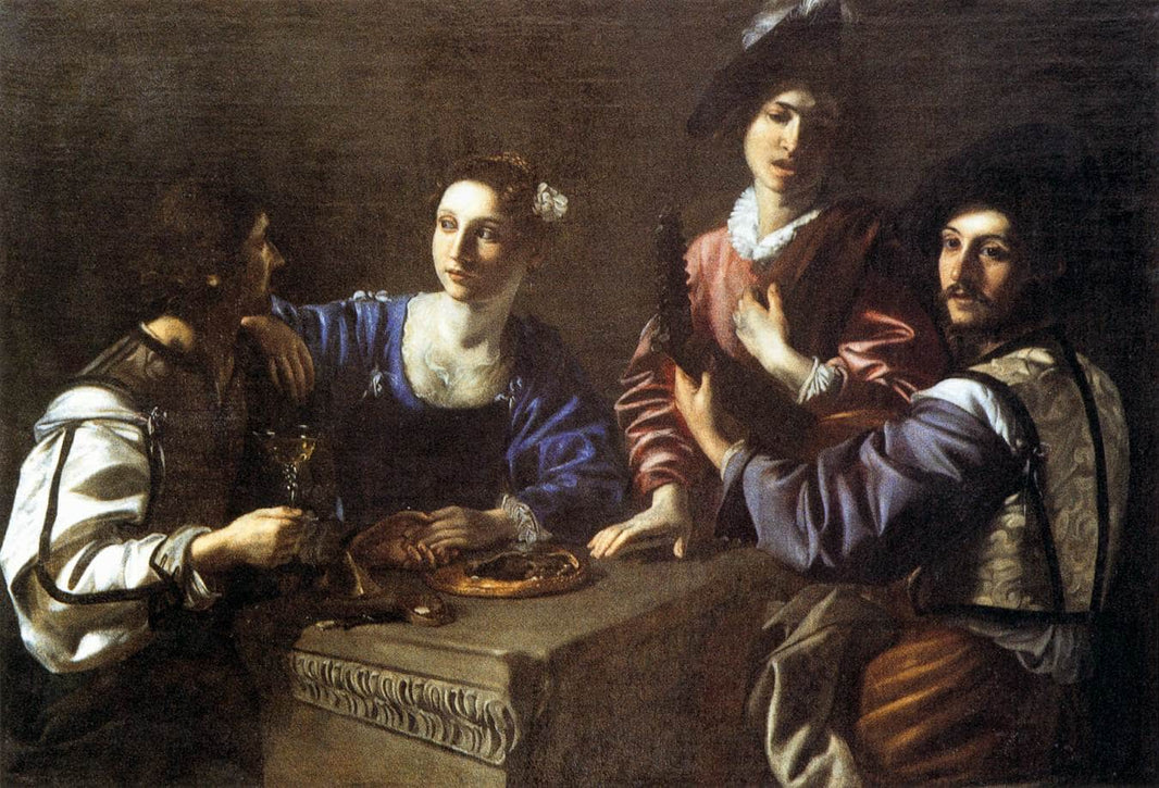 Drinking Party with a Lute Player by Nicolas Tournier — hand-painted portrait oil painting reproduction on canvas