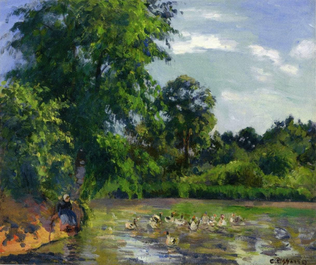 Ducks on the Pond at Montfoucault by Camille Pissarro — hand-painted botanical oil painting reproduction on canvas