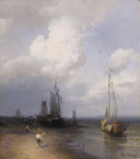 Dutch Coastal Scene by Hermann Ottomar Herzog — ships oil painting wall art, Romanticism