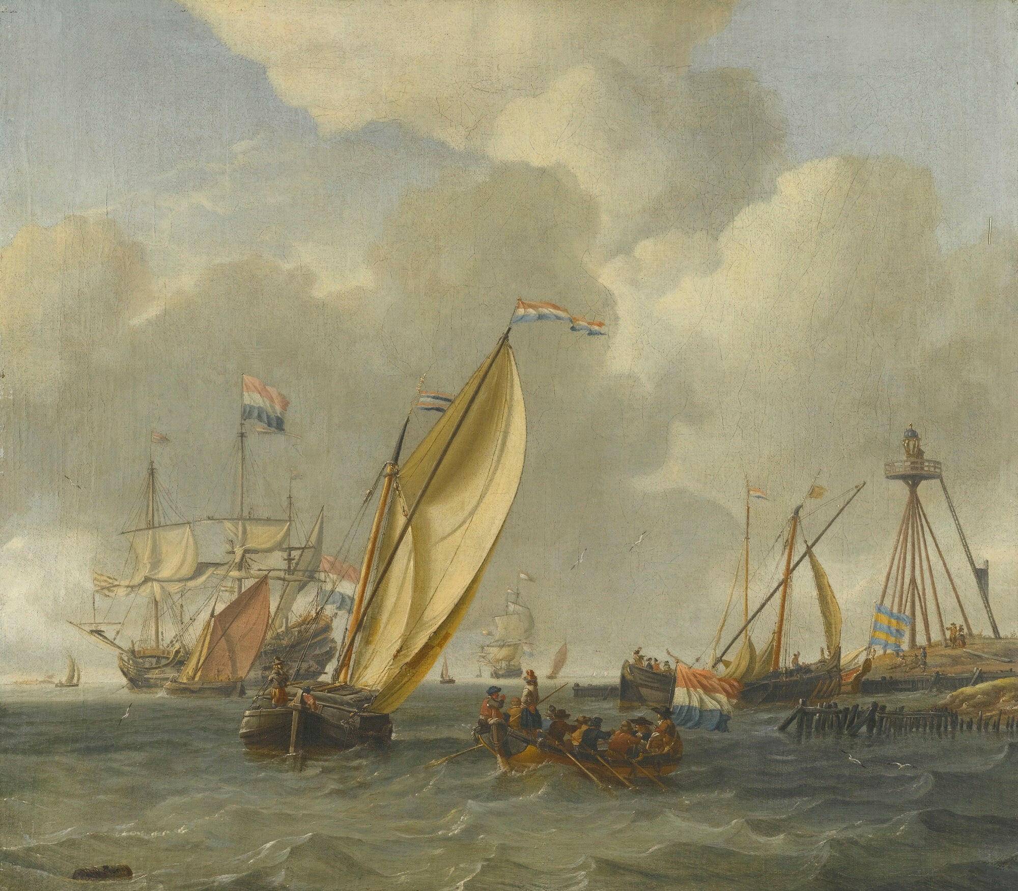 Dutch Ships on Choppy Coastal Waters by a Spit of Land with a Beacon - Abraham Storck