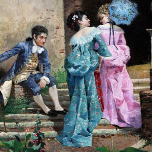 Two ladies and a gentleman strolling through a classical architectural landscape