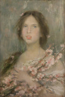 Early flowers by Joan Brull — female oil painting wall art, Symbolism