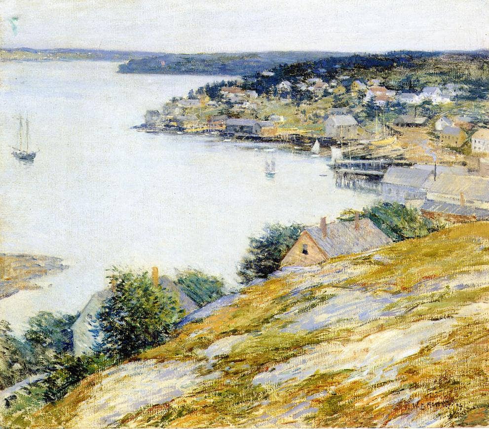 East Boothbay Harbor by Willard Metcalf — hand-painted architectural oil painting reproduction on canvas