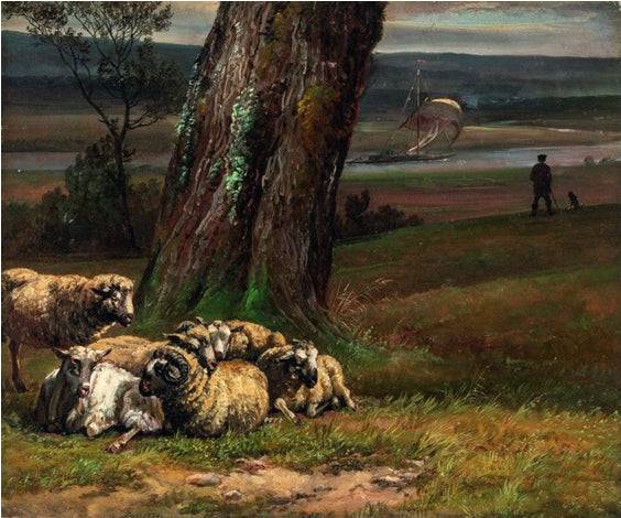 Elbe landscape with tranquil sheep - Johan Christian Dahl