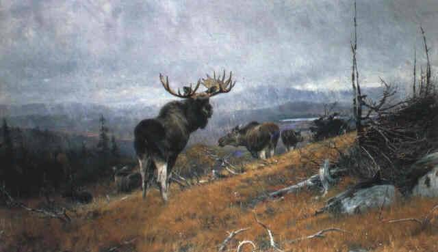 Elchrudel auf einem Berghang (Preussen) by Richard Friese — hand-painted animal oil painting reproduction on canvas