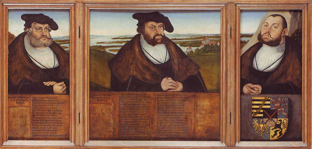 Electors of Saxony: Friedrich the Wise, Johann the Steadfast and Johann Friedrich the Magnanimous by Lucas Cranach the Elder, hand-painted portrait oil painting reproduction on canvas