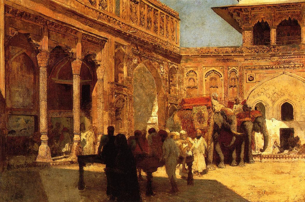 Elephants and Figures in a Courtyard, Fort Agra by Edwin Lord Weeks — hand-painted animal oil painting reproduction on canvas