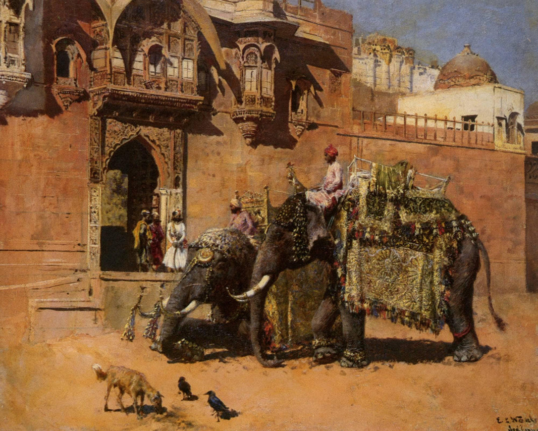 Elephants at the Palace of Jodhpore by Edwin Lord Weeks — hand-painted animal oil painting reproduction on canvas