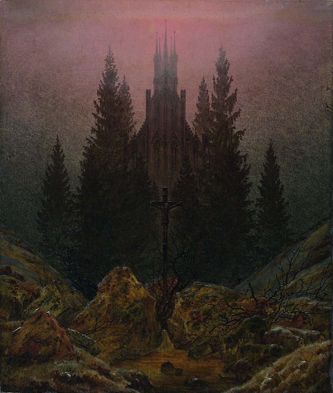 Cross and Cathedral in the Mountains by Caspar David Friedrich — hand-painted landscape oil painting reproduction on canvas