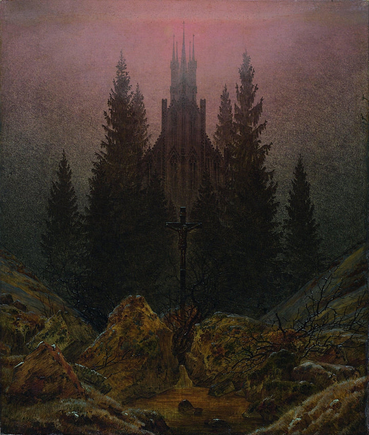 Cross and Cathedral in the Mountains by Caspar David Friedrich — hand-painted landscape oil painting reproduction on canvas