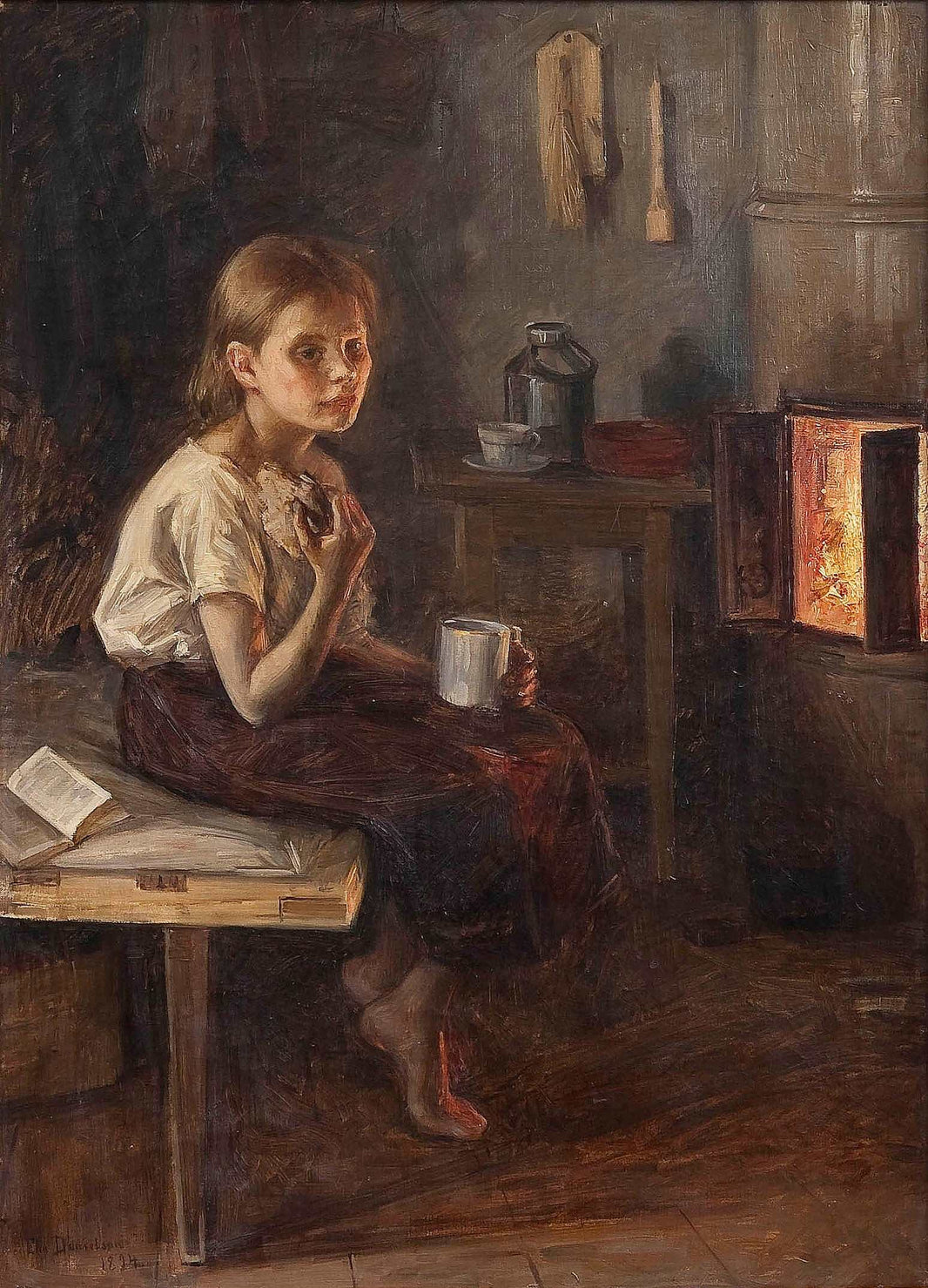 A Girl by the Oven by Elin Danielson-Gambogi, hand-painted portrait oil painting reproduction on canvas