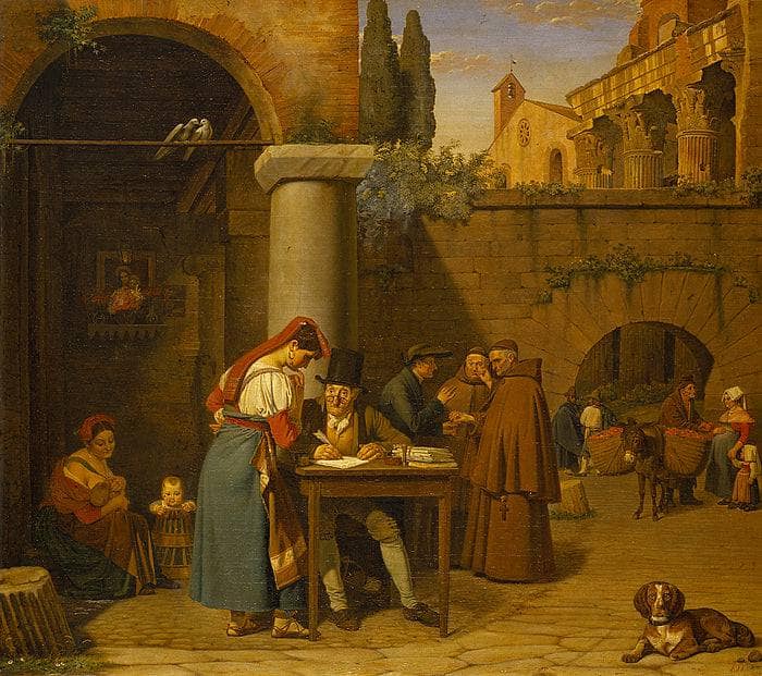A Roman street letter-writer writing a letter for a young girl by Ernst Meyer — hand-painted architectural oil painting reproduction on canvas