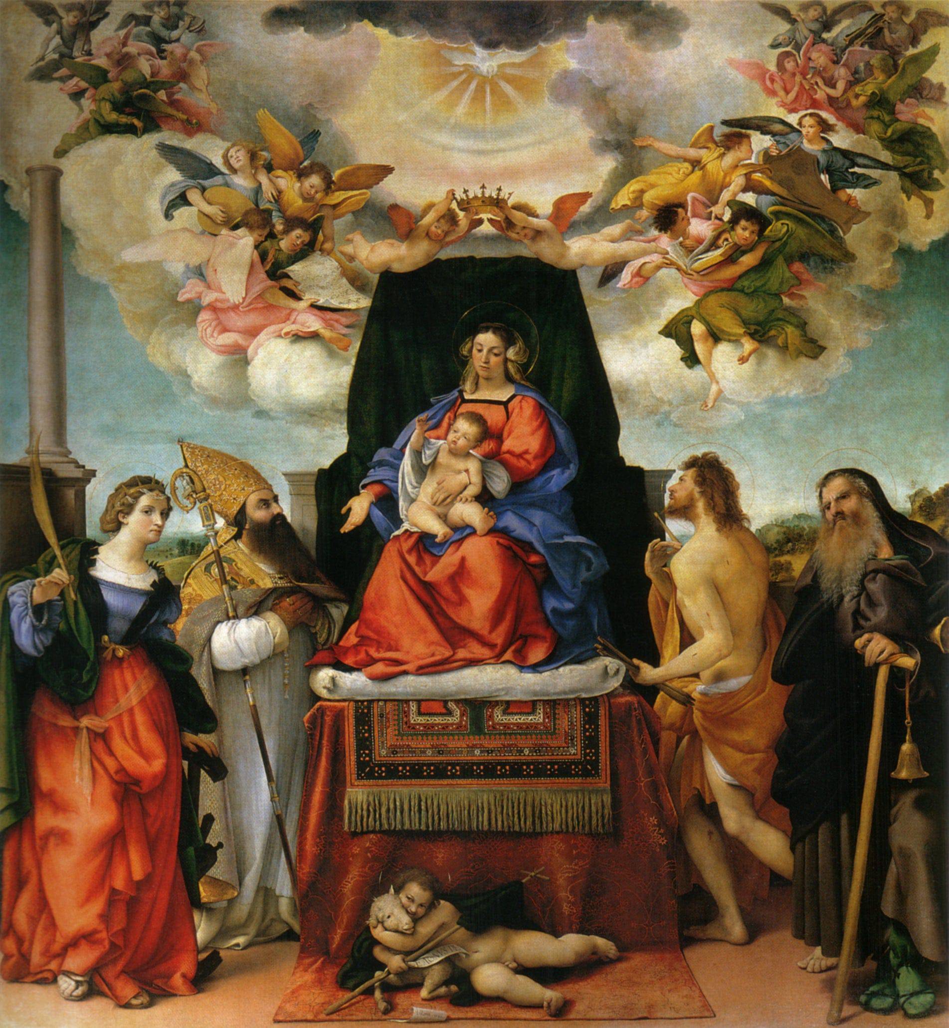 Enthroned Madonna with Angels and Saints, St. Catherine of Alexandria and St. Augustine on the left,  St. Sebastian and St. Anthony the Abbot on the right - Lorenzo Lotto