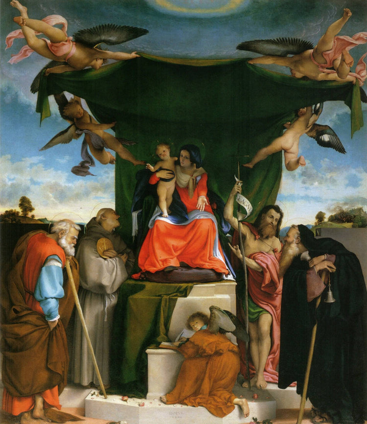 Enthroned Madonna with Angels and Saints, St. Joseph and St. Bernard on the left,  St. John the Baptist and St. Anthony the Abbot on the right - Lorenzo Lotto