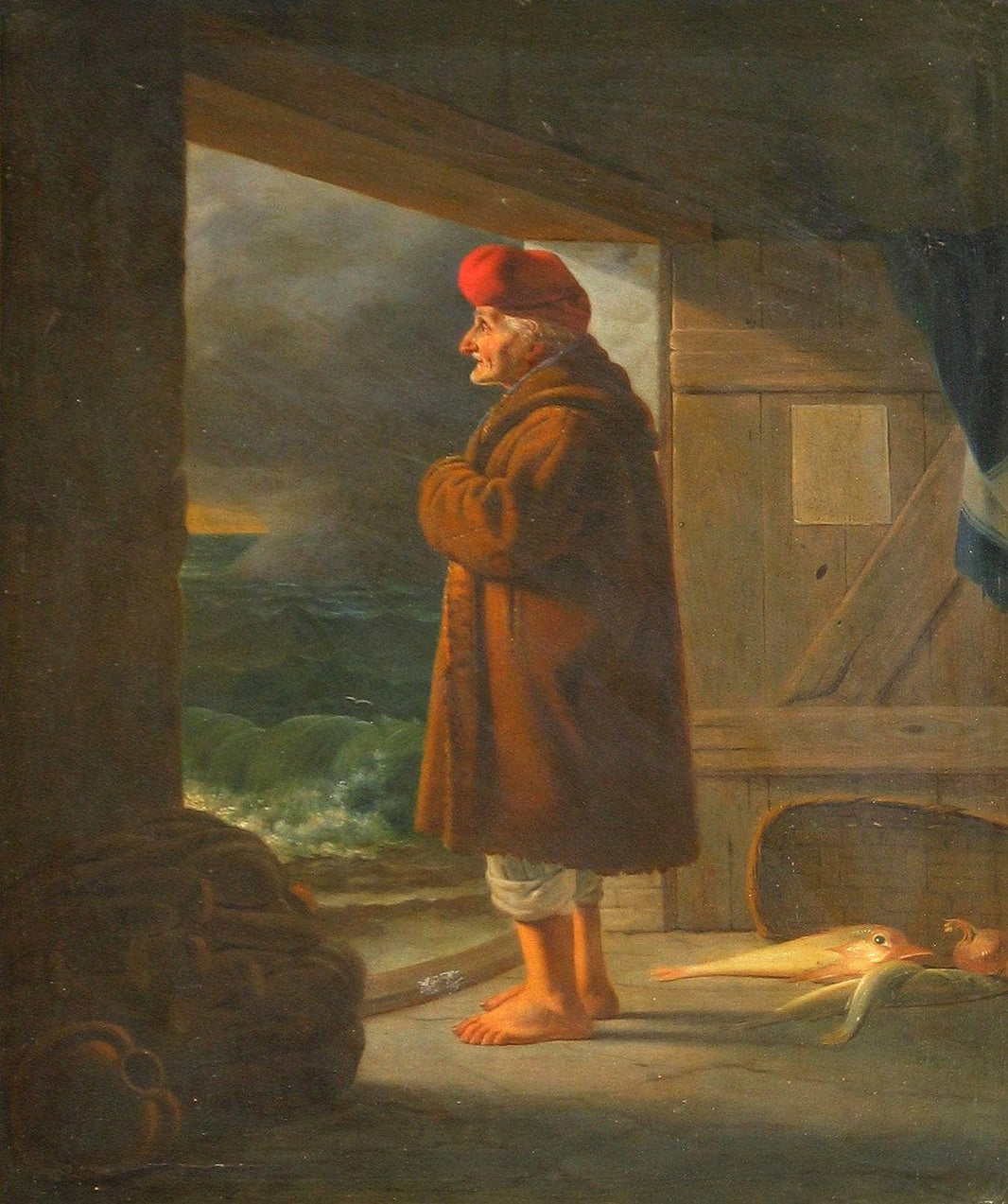 An old man watching the sea at nightfall by Ernst Meyer — hand-painted landscape oil painting reproduction on canvas