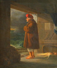 An old man watching the sea at nightfall