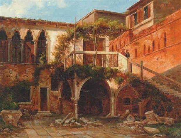 Italian courtyard exterior by Ernst Meyer — hand-painted architectural oil painting reproduction on canvas