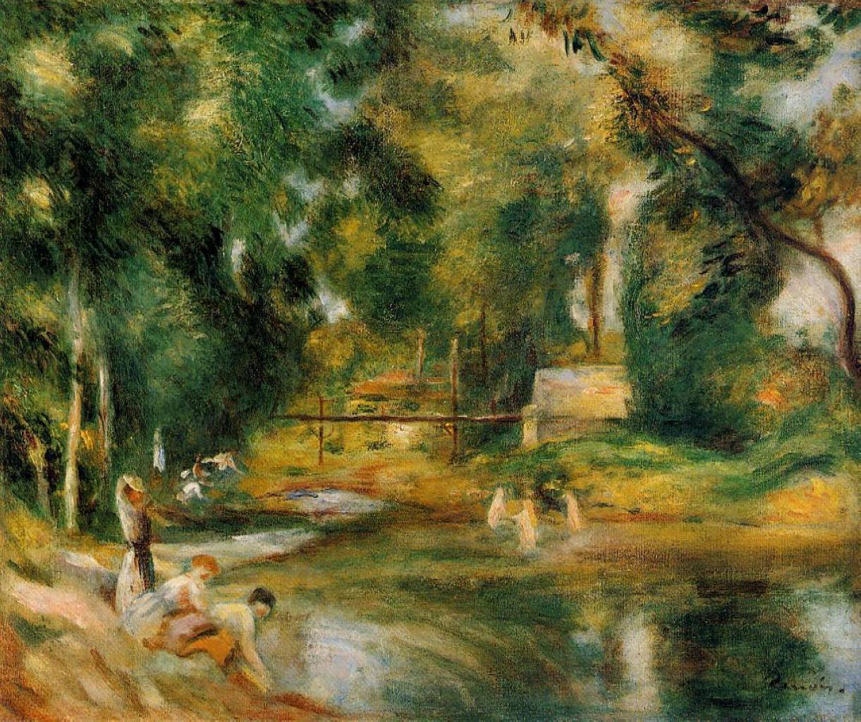 Essoyes Landscape Washerwoman and Bathers - Pierre-Auguste Renoir