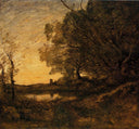 Evening Distant Tower by Camille Corot — hand-painted botanical oil painting reproduction on canvas