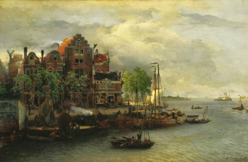 Evening mood in Een Hollandse Haven - Andreas Achenbach