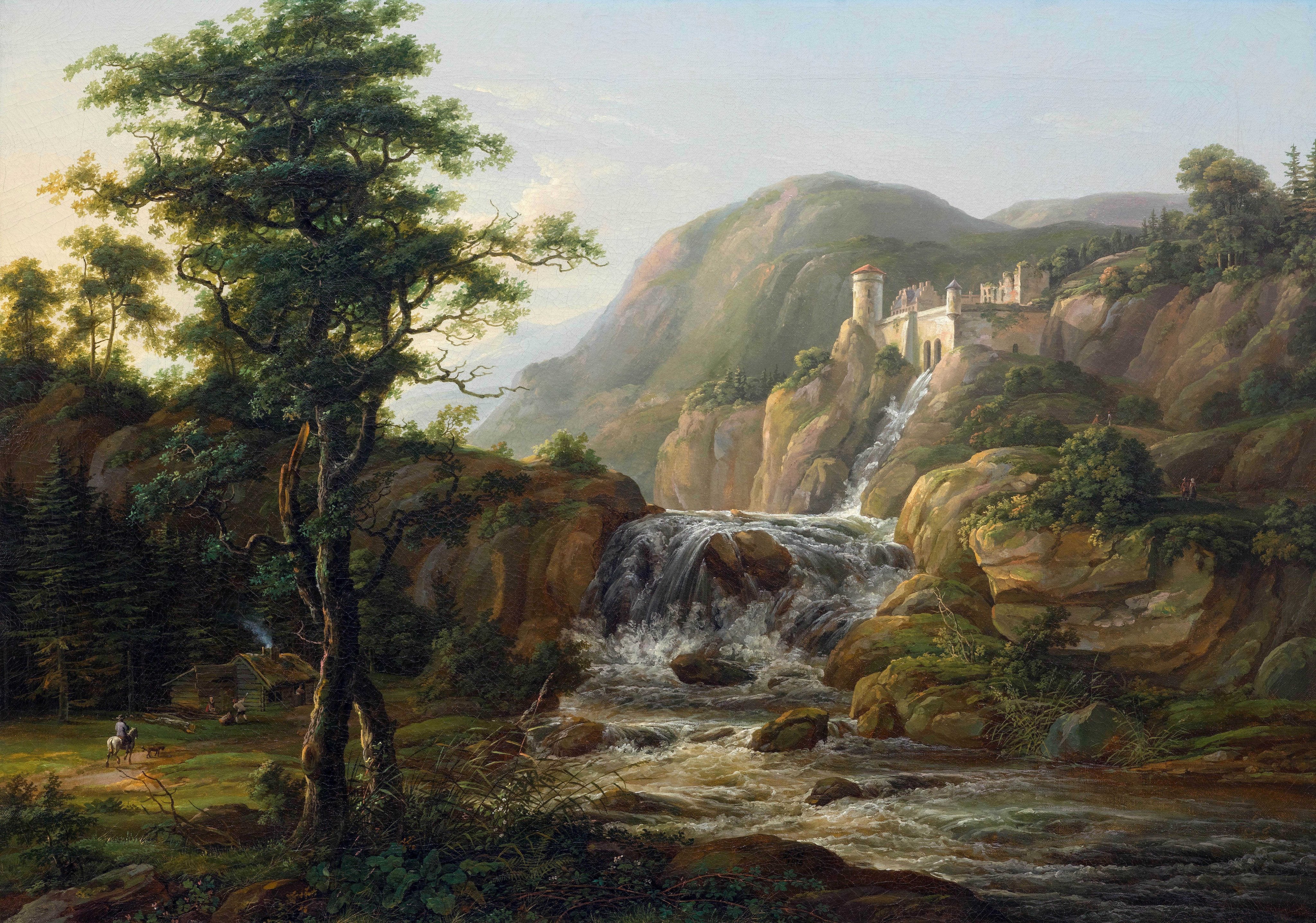 Mountain landscape with waterfall, castle and traveler on horseback in front of a hut - Johan Christian Dahl