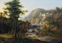 Mountain landscape with waterfall, castle and traveler on horseback in front of a hut by Johan Christian Dahl — hand-painted landscape oil painting reproduction on canvas