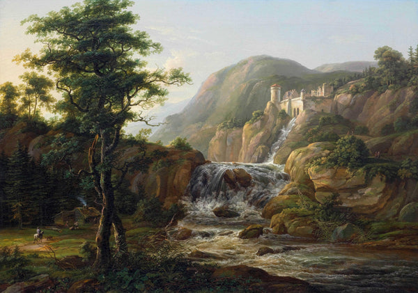 Mountain landscape with waterfall, castle and traveler on horseback in front of a hut