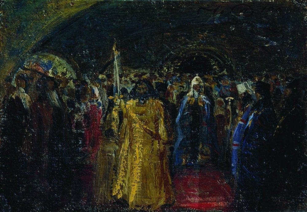 Exit of Patriarch Hermogenes by Ilya Repin — hand-painted cultural oil painting reproduction on canvas