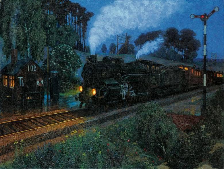 Express Train Arrives by Hans Baluschek — hand-painted landscape oil painting reproduction on canvas