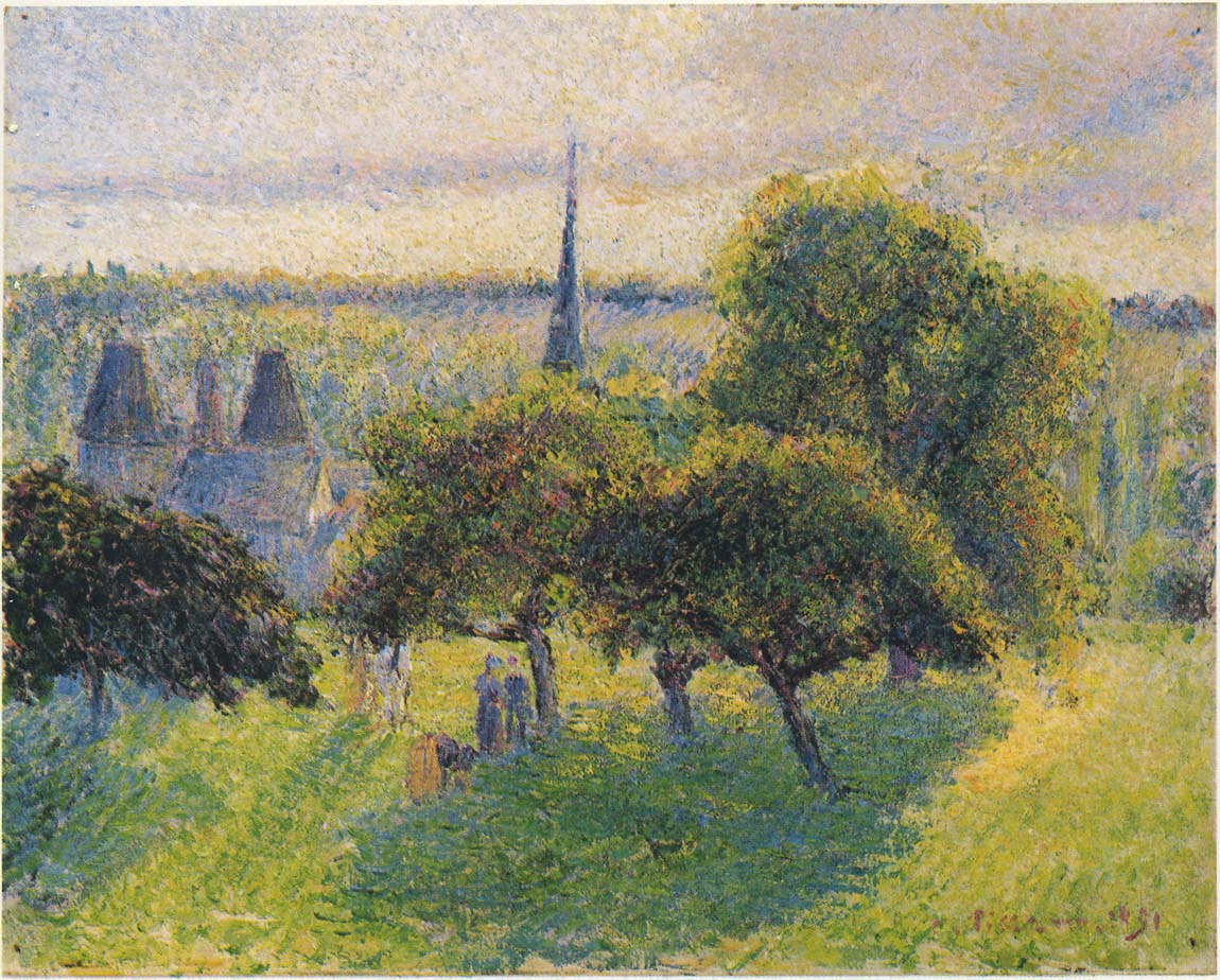 Farm and Steeple at Sunset - Camille Pissarro