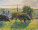Farm and Steeple at Sunset by Camille Pissarro — rural oil painting wall art, Impressionism