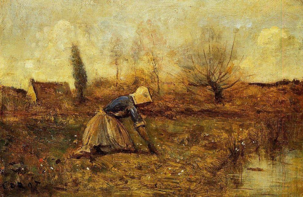 Farmer Kneeling Picking Dandelions - Camille Corot