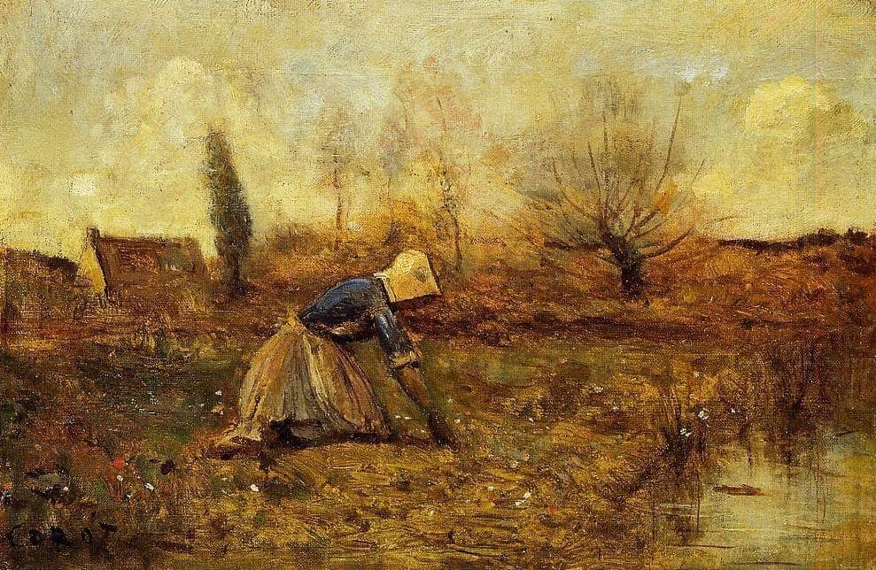 Farmer Kneeling Picking Dandelions