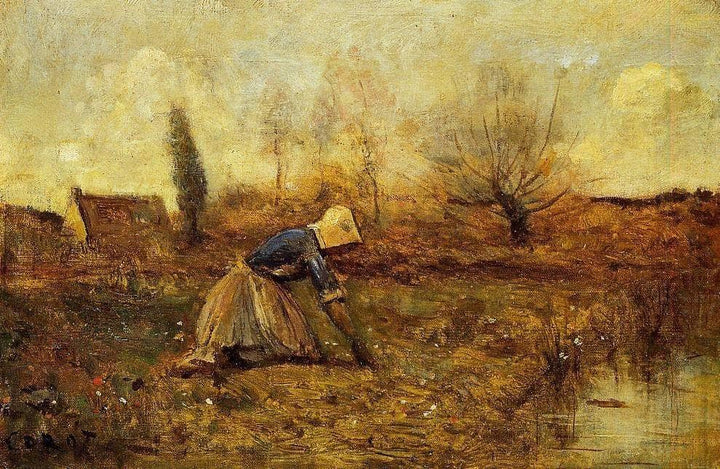 Farmer Kneeling Picking Dandelions by Camille Corot — hand-painted landscape oil painting reproduction on canvas
