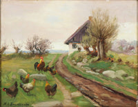 Farmhouse Exterior with Chickens by Hans Andersen Brendekilde — hand-painted landscape oil painting reproduction on canvas