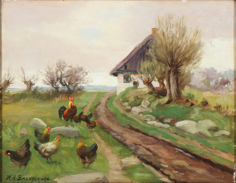 Farmhouse Exterior with Chickens on gallery wrap