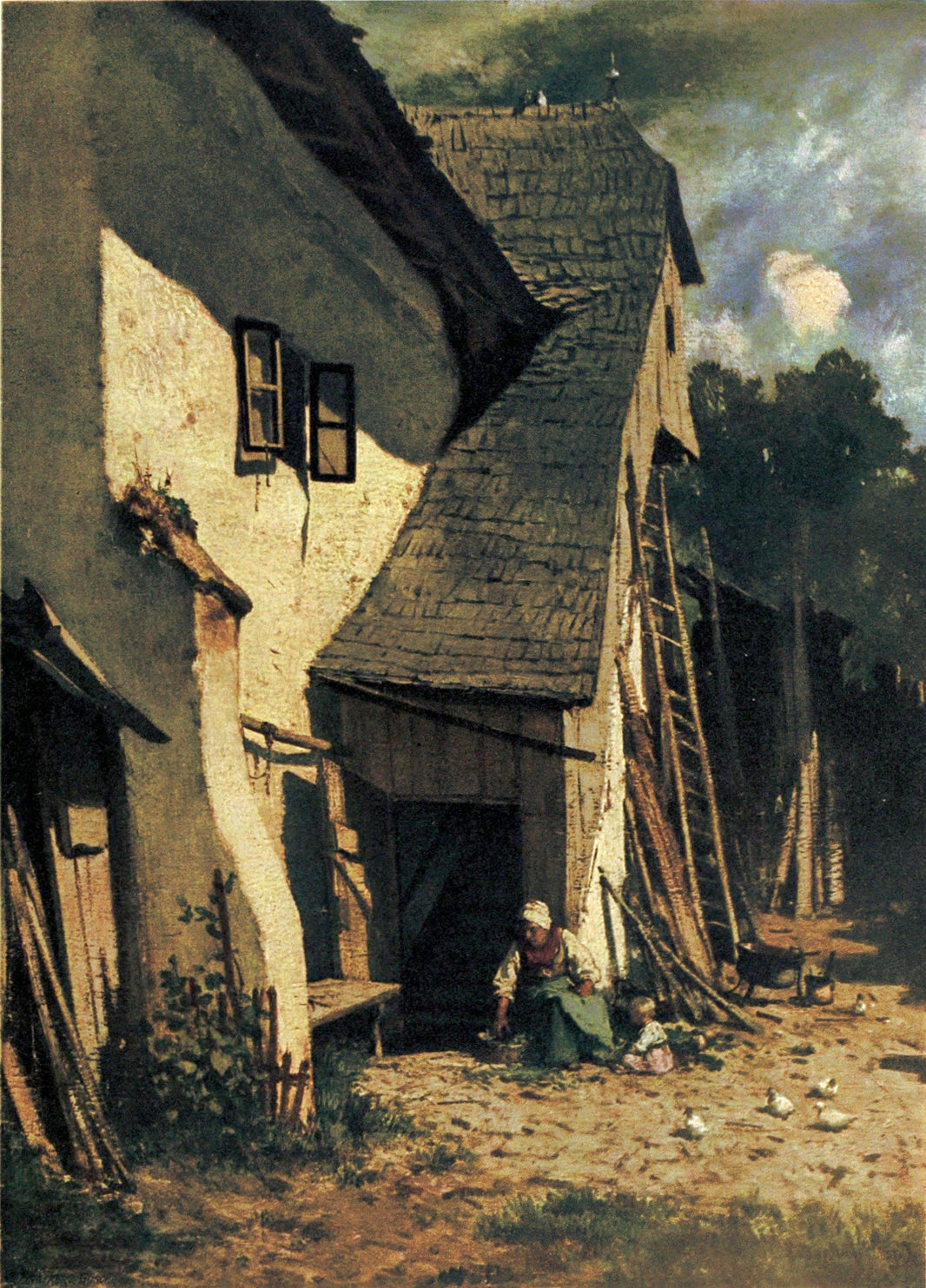 Farmhouse in Klosterneuburg with Farmwoman and Child by August von Pettenkofen — hand-painted architectural oil painting reproduction on canvas