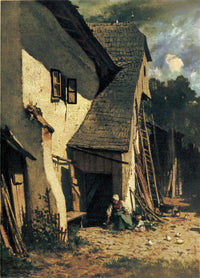 Farmhouse in Klosterneuburg with Farmwoman and Child by August von Pettenkofen — hand-painted architectural oil painting reproduction on canvas