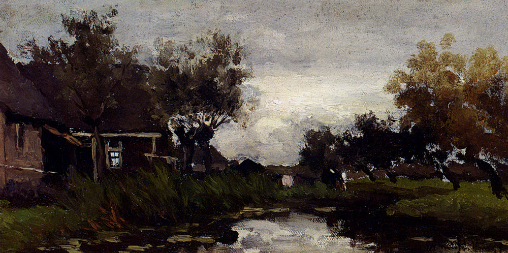Farmhouses On The Waterfront by Johan Hendrik Weissenbruch, hand-painted botanical oil painting reproduction on canvas