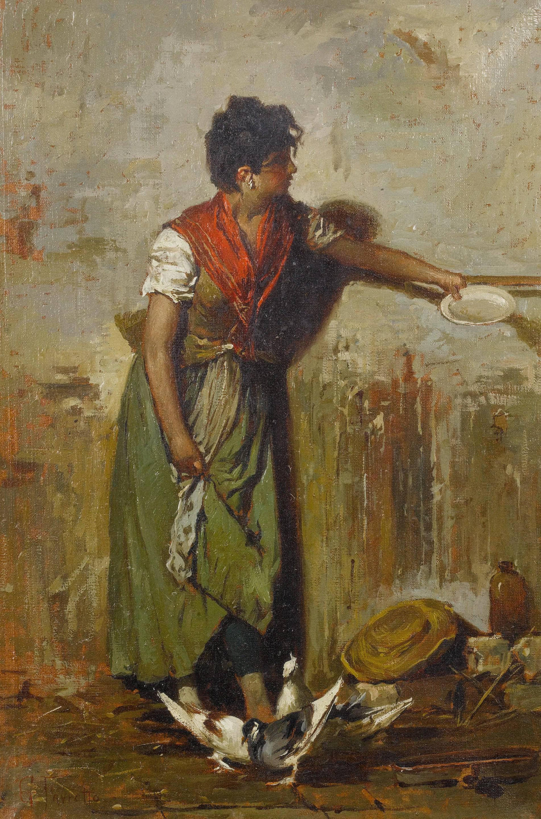 Feeding the pigeons by Giacomo Favretto — hand-painted portrait oil painting reproduction on canvas